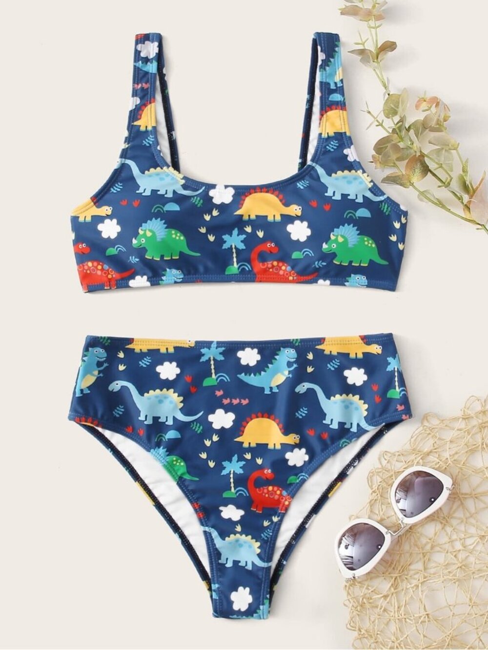 Cartoon Dinosaur High Waisted Bikini 2pc Swimsuit Blue Dino Small S NWT